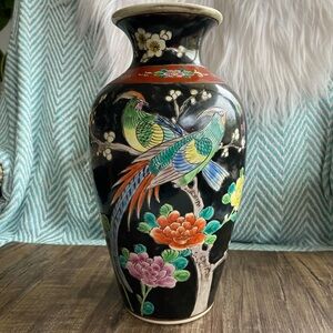 Vintage 10.75” Japan Famille Noir Pheasant Vase Black Flowers Floral Bird Enamel